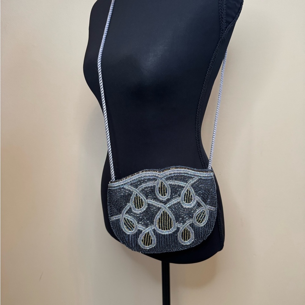 Stylish Silver and Black Crossbody Bag with Intricate Embroidery